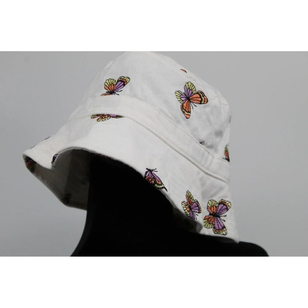 American Eagle White Colorful Butterfly Embroidered Bucket Hat Cotton One Size